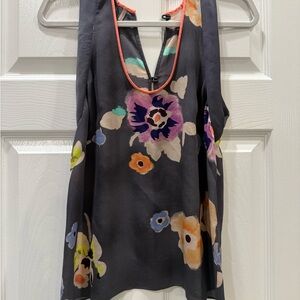 Rebecca Taylor 100% Silk Charcoal Floral-Print Sleeveless Top with Coral Trim